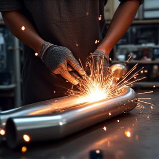 Craftsman welding a custom performance exhaust system.